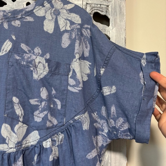Free People Moon City Blue/White Floral Print Linen Blend Oversize Babydoll Top - Picture 9 of 12